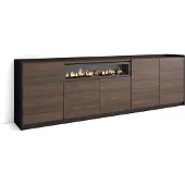 Skraut Home Sideboard, Highboard, 260x37x80cm, 5 Türen, Elektrokamin., Dunkler Eiche und Schwarz