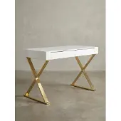 KADIMA DESIGN Hochglanz-Weißer Schreibtisch, Goldene Beine, Modern, 2 Schubladen. 118x57x76 cm |