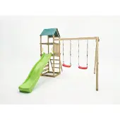 Fungoo MaxPlay, Holzklettergerüst mit Spielturm, Doppelschaukel und Rutsche, mit Foliendach
