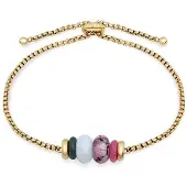 Tamaris Armband "Natural Stones", gelbgoldfarben, grün, natur, lila, grün, natur, lila, Armbänder, Damen, 21cm, Edelstahl, Armband, mit verschiedenen Steinen