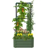 Outsunny Hochbeet mit Rankhilfe, Blumenkasten mit Offenem Boden, Gemüsebeet, Pflanzkasten, Kräuterbeet für Garten, Balkon, Verzinkter Stahl, Grün, 61 x 61 x 140 cm
