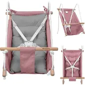 Tulano Kinderschaukel Hop 40 | Schaukel Babywippe Babyliegesitz 3in1 | 5-Punkt-Gurt | Tragfähigkeit bis 60kg | 6-36 Monaten | aus Holz | Rosa-Grau