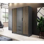 Lookway Dreitüriger Kleiderschrank NELA mit Lamellen 155 cm, Graphit / Graphit + Artisan Eiche