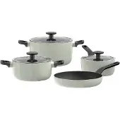 Berghoff Leo 7-teiliges Kochtopf-Set, Antihaft-Keramikbeschichtung, Induktion, recyceltes Aluminium, grün, Glasdeckel, Antirutsch-Griffe