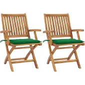 vidaXL Gartenstühle 2 Stk. mit Grünen Kissen Teak Massivholz