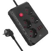 Macleans Steckdosenleiste 4-Steckdosen-Verlängerungskabel + 3xUSB 110-240V AC 50/60Hz 2,1A max 2500W 1,5m schwarz MCE392 B