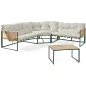 Casa.pro Loungeset 'Karg' Sofa mit Couchtisch Kissen Rattanoptik Grün / Beige