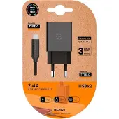 Tech One Tech TEC2423 Wall Charger/ 2xUSB + USB Type-C Cable/ 12W/ Black