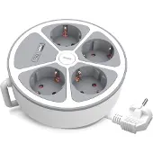 Plastrol Runde Steckdosenleiste 4x Schuko-Steckdosen 2m USB-A & USB-C mit Schalter