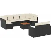 vidaXL 10-tlg. Garten-Sofagarnitur mit Kissen Schwarz Poly Rattan