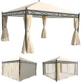 Mendler Pergola Cadiz, Garten Pavillon, stabiles 7cm-Gestell mit Seitenwand + Moskitonetz creme 4x4m