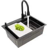 Easybuy Küchenspüle Edelstahl Spüle mit Messerhalter Schwarz 360° Armatur