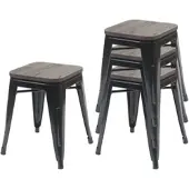 Proregal 4er-Set Hocker inkl. Holz-Sitzfläche | Metall, Industriedesign, stapelbar | Schwarz | Metallhocker Sitzhocker