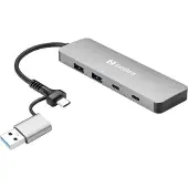 Sandberg USB-C/A to 2xUSB-A+2xUSB-C Hub, USB 3.2 Gen 1 (3.1 Gen 1) Type-A + Type-C, USB 3.2 Gen 1 (3.1 Gen 1) Type-A, USB 3.2 Gen 1 (3.1 Gen 1) Type-C, 5000 Mbit/s, Aluminium, Aluminium, 0,15 m
