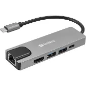 Sandberg 336-99, Kabelgebunden, USB 3.2 Gen 1 (3.1 Gen 1) Type-C, 100 W, 10,100 Mbit/s, Silber, 4K Ultra HD