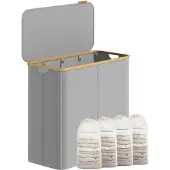 Songmics Wäschesammler 4 Fächer, faltbarer Wäschebehälter mit Deckel, Bambusgriffe LCBB35514GD01