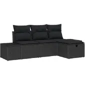 vidaXL Garten-Sofa-Set mit Kissen 4 pcs Schwarz Poly Rattan