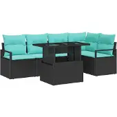 vidaXL Gartensofa-set 6 stk. 5-Sitzanzahl Schwarz und Blau Poly-Rattan