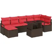 vidaXL Garten-Sofa-Set mit Kissen 8 pcs Braun und Rot Poly-Rattan