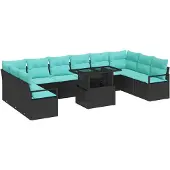 vidaXL Garten-Sofa-Set mit Kissen 11 pcs Schwarz und Blau Poly-Rattan