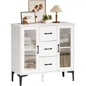 HOMCOM Kommode Sideboard mit 3 Schubladen 2 Glastüren verstellbaren Regalen Weiß