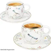 MamboCat Fancy Garden Vogel & Libelle 2er Espressotassen mit Untertassen Mokka