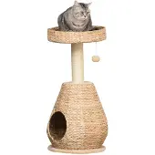 SUGIFT Katzenbaum mit Katzenhöhle Ballspielzeug Sisalpfosten weicher Plüsch MDF Gelb 40 x 40 x 82,5 cm für Katzen bis 5 kg