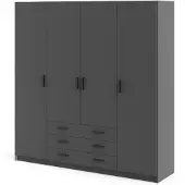 Vega Schlafzimmer-Kleiderschrank grau matt, 4 Türen, 3 Schubladen, 9 Einlegeböden (6 höhenverstellbar) und Metall-Garderobenstange