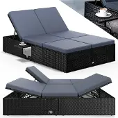 Casaria Sonnenliege 2 Personen mit Klapptisch Gartenliege 7cm Auflagen Wetterfest 220kg Belastbar Liegestuhl Verstellbar Schwarz Anthrazit 200x115cm