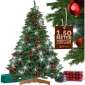 Casaria Künstlicher Weihnachtsbaum Premium 150cm + Kugeln Rot + Lichterkette kaltweiß