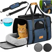 Cadoca Transportbox Katzen bis 20kg faltbar Sonnen- und Regendach Schultergurt mit Napf Atmungsaktiv Komfortabel Wendekissen Haustier Katzenbox Tragetasche Hunde Auto Blau