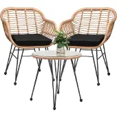 Casaria Balkonset 3 teilig 5cm Auflagen Wetterfest 5mm Sicherheitsglasplatte Höhenverstellbar Rattan Look Outdoor Terrasse Balkon Gartenmöbel Korbsessel