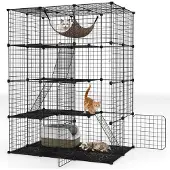 Costway Katzenkäfig 4-stöckig, Katzengehege mit Hängematte, 3 Leitern, 4 Türen, Dachfenster, abnehmbarer Zwinger für Kleintiere im Innen 109,5x74,5x143cm