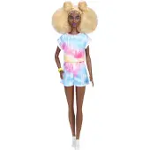 Barbie Fashionistas Puppe (bunter Jumpsuit), groß, blonder Afro, Jumpsuit in Batikoptik, Turnschuhe, gelbes Armband, für Kinder von 3 bis 8 Jahren