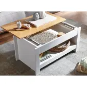 Wohnling Couchtisch Weiß / Eiche 85x47x45 cm Wohnzimmertisch mit Stauraum Design Sofatisch mit Ablagefach Modern Kaffeetisch Loungetisch Eckig
