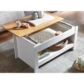FineBuy Couchtisch Weiß / Eiche 85x47x45 cm Wohnzimmertisch mit Stauraum Design Sofatisch mit Ablagefach Modern Kaffeetisch Loungetisch Eckig