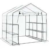 En.casa Gewächshaus Grünau mit Ablagen 200 x 200 x 220 cm Foliengewächshaus Pflanzhaus Treibhaus Stahlrahmen Transparent
