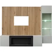 Meublorama Wandkomposition IXAR – TV-Möbel, hängendes Vitrinenschrank, Wandpaneele und Bio-Ethanol Kamin