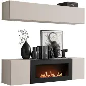Meublorama Wandkomposition FLY Kaschmir mit horizontaler Hängesäule und Bio-Ethanol Kamin-TV-Möbel