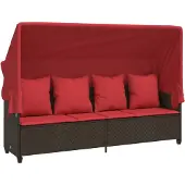 vidaXL Sonnenliege mit Dach und Kissen Braun Poly Rattan