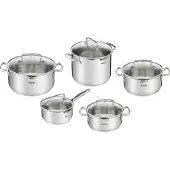 Tefal Topf-Set "Duetto+, Kochtopf Set mit Glasdeckel" Set, Stieltopf 16 cm, Schmortöpfe 18/20/24 cm, Suppentopf 22 cm, 10 tlg. Edelstahl