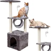 Lean 13875 Kratzbaum für Katzen mit Häuschen und Tunnel, 30 x 30 x 107 cm, grau