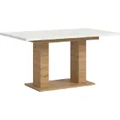 Ebuy24 Motion Esstisch Doppelsäulenfuß 90x150/190cm inkl. 1 Einlegeplatte weiß, Eiche Nachbildung.