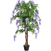 Costway Kunstbaum mit Blueten Kunstpflanze Zimmerpflanze Kunstblume Dekopflanze kuenstlich lila