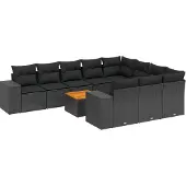 vidaXL 11-tlg. Garten-Sofagarnitur mit Kissen Schwarz Poly Rattan