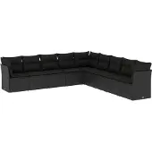 vidaXL 9-tlg. Garten-Sofagarnitur mit Kissen Schwarz Poly Rattan