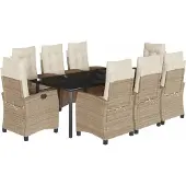 vidaXL 9-tlg. Garten-Essgruppe mit Kissen Beige Poly Rattan