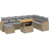 vidaXL 9-tlg. Garten-Sofagarnitur mit Kissen Beige Poly Rattan Akazie