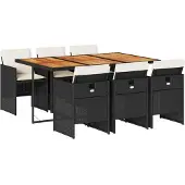 vidaXL 7-tlg. Garten-Essgruppe mit Kissen Schwarz Poly Rattan