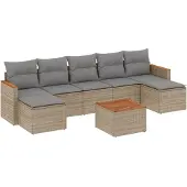vidaXL 7-tlg. Garten-Sofagarnitur mit Kissen Beige Poly Rattan